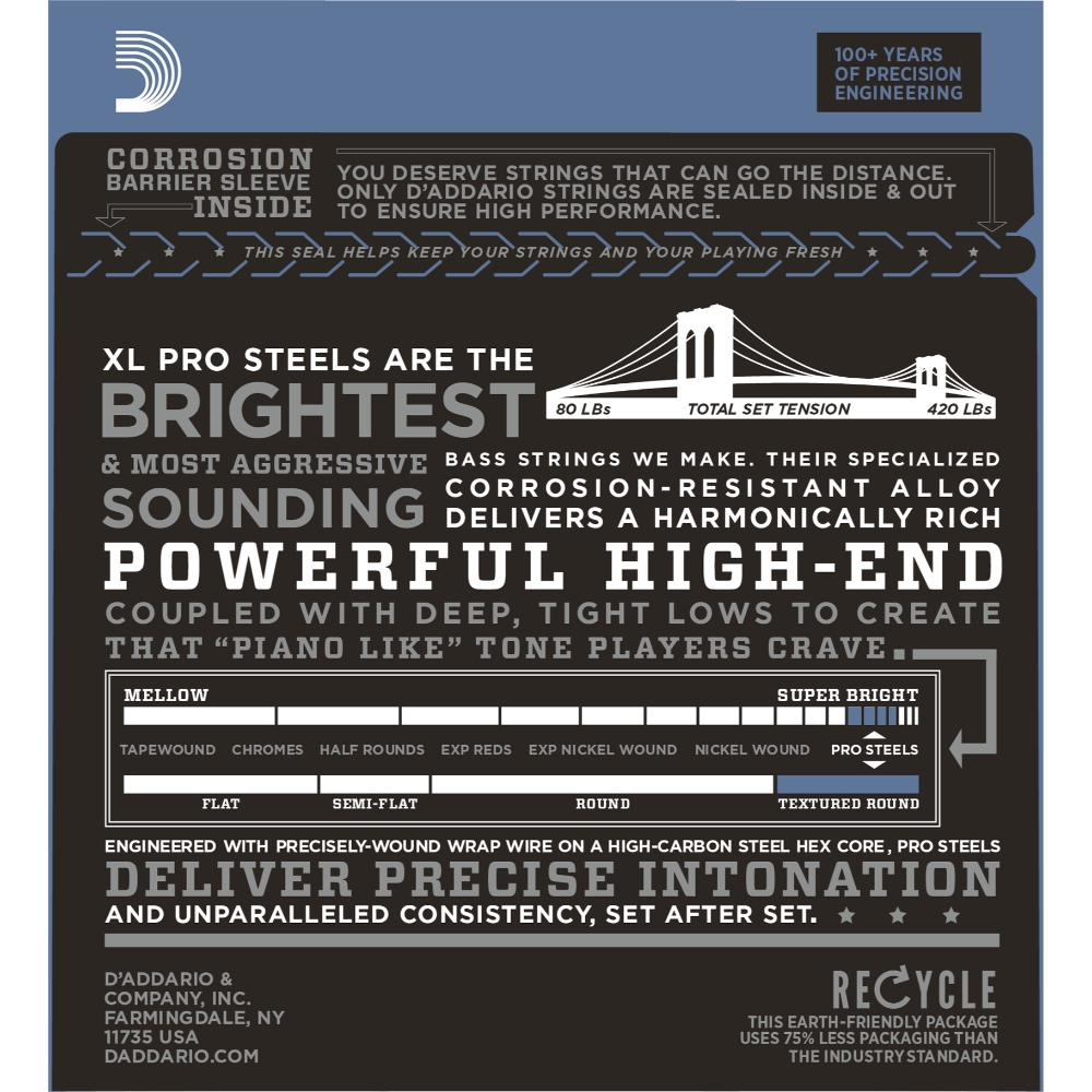 D'Addario ProSteels Bass Guitar Strings, Medium, Long Scale EPS160 ...