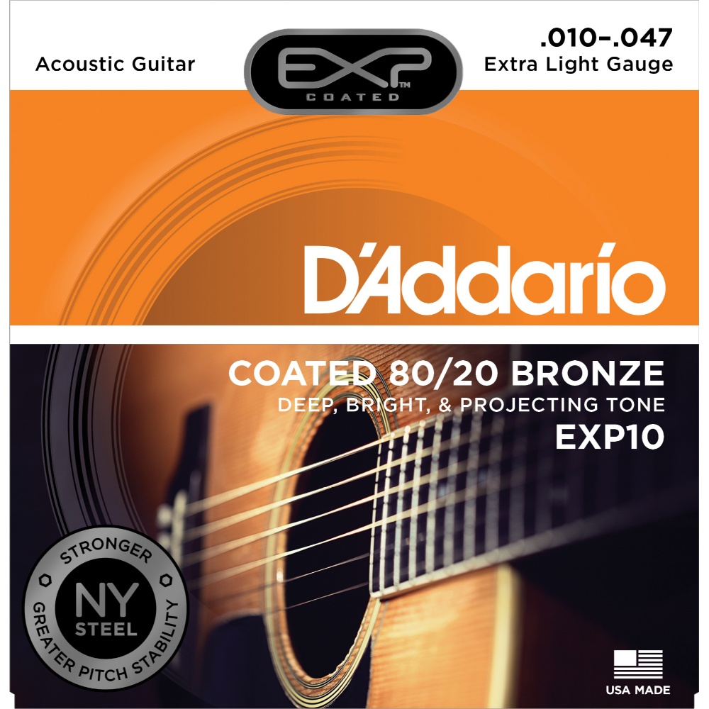 D'Addario EXP10 Coated Acoustic Guitar Strings, 80/20, Extra Light, 10